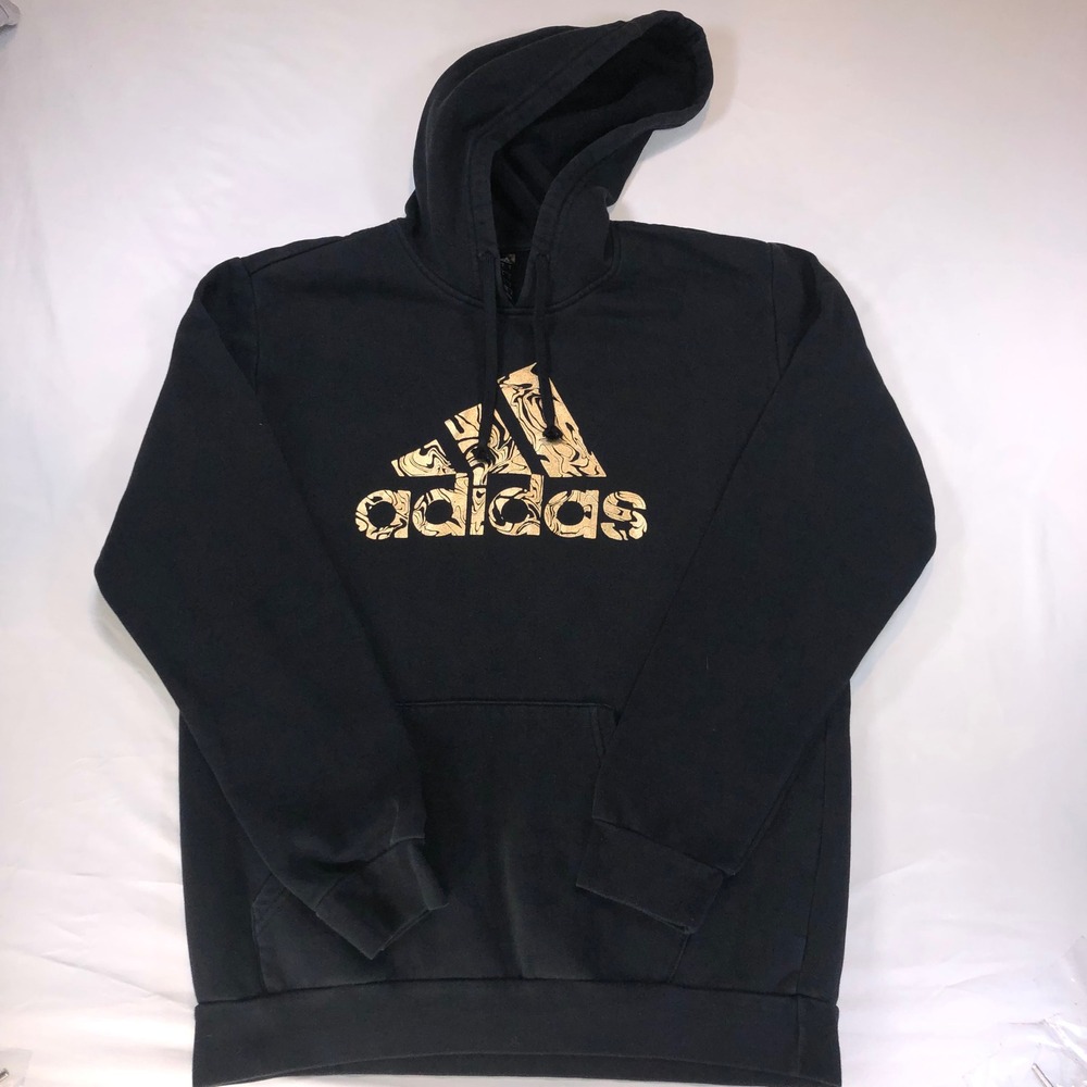 Adidas Mens Hoodie Black Gold Marble Logo Pullover Sweatshirt Medium RN 88387